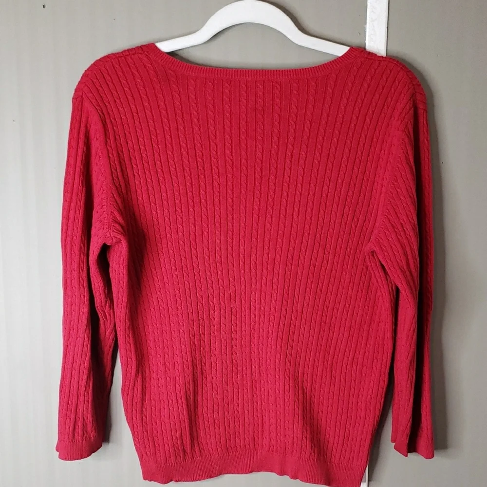 Lauren Ralph Lauren Sweater Cable Knit V-neck Petite Cotton Red Classy Medium PM
